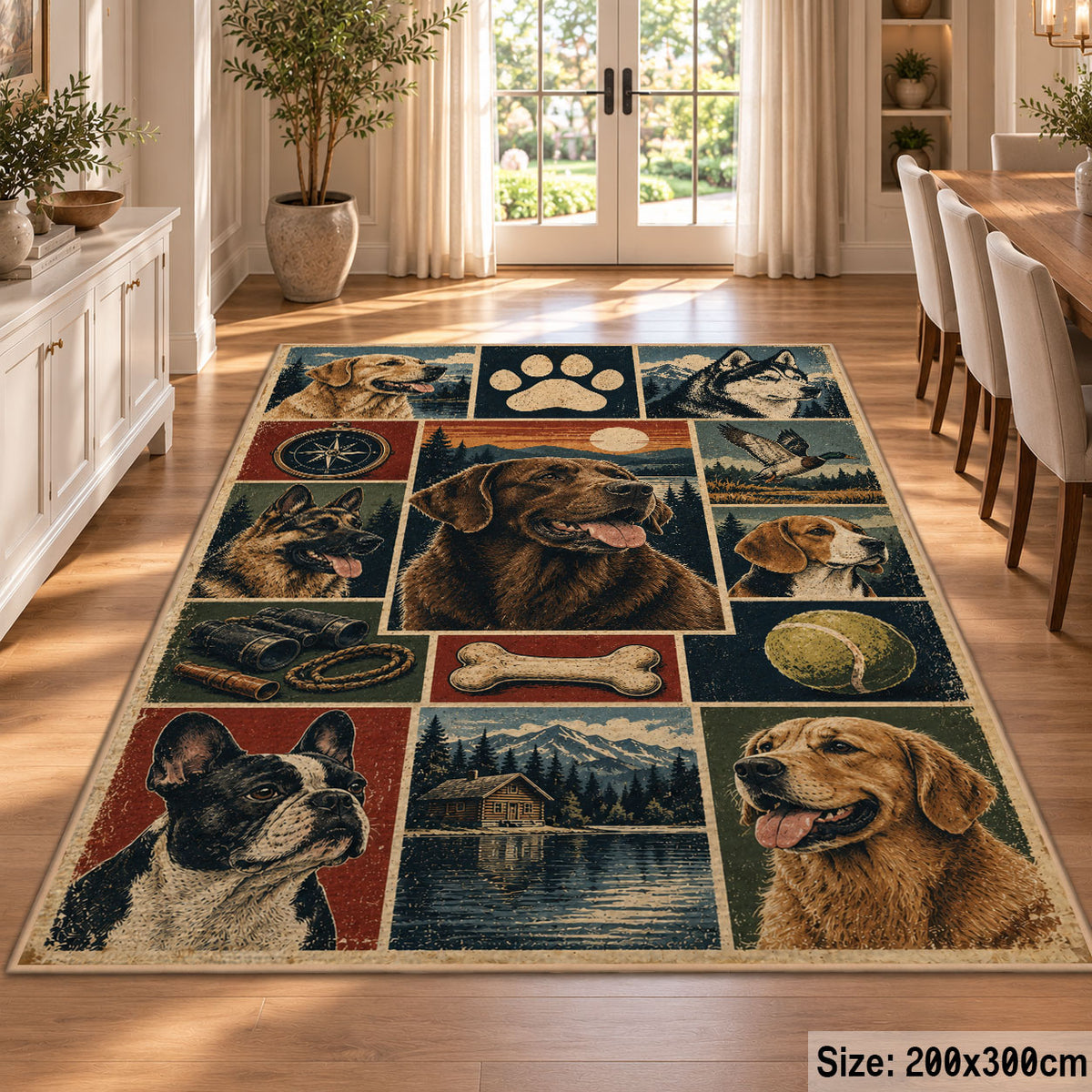 Dog Breed Country Patchwork area rug shown in a dining room