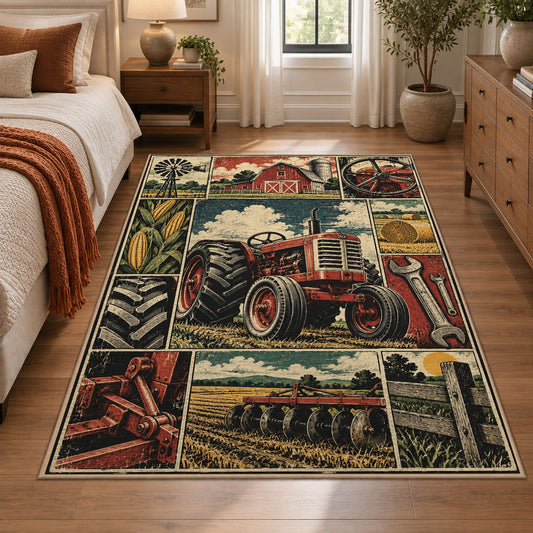 Red Tractor Farming Grid area rug shown in a bedroom