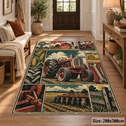Red Tractor Farming Grid area rug shown in a entryway