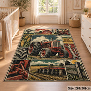 Red Tractor Farming Grid area rug shown in a nursery