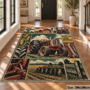 Red Tractor Farming Grid area rug shown in a foyer