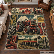 Red Tractor Farming Grid area rug shown in a living room