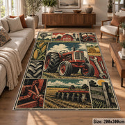 Red Tractor Farming Grid area rug shown in a lounge