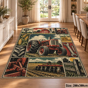 Red Tractor Farming Grid area rug shown in a dining room