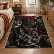 Dark Dragon Emblem Grid area rug shown in a bedroom