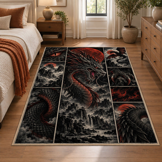 Dark Dragon Emblem Grid area rug shown in a bedroom