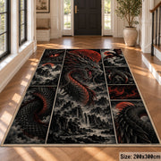 Dark Dragon Emblem Grid area rug shown in a foyer