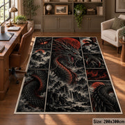 Dark Dragon Emblem Grid area rug shown in a home office