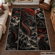 Dark Dragon Emblem Grid area rug shown in a living room