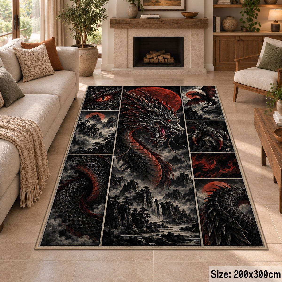 Dark Dragon Emblem Grid area rug shown in a sitting room
