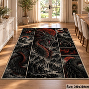 Dark Dragon Emblem Grid area rug shown in a dining room