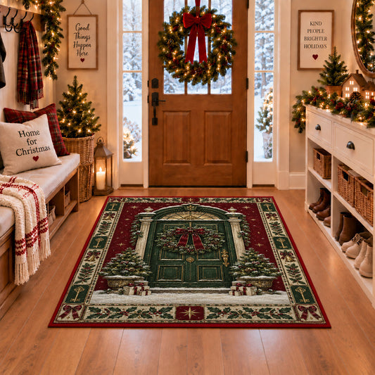 Wreath Front Door Christmas area rug in a Christmas-decorated entryway