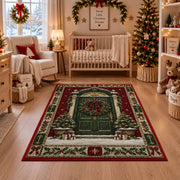 Wreath Front Door Christmas area rug in a nursery with a crib