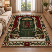 Wreath Front Door Christmas area rug in a living room beside a sofa