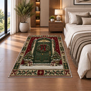 Wreath Front Door Christmas area rug in a bedroom beside the bed