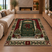 Wreath Front Door Christmas area rug in a living room with a fireplace