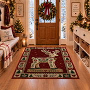 Folk Art Reindeer Christmas area rug in a Christmas-decorated entryway