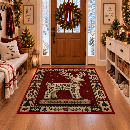 Folk Art Reindeer Christmas area rug in a Christmas-decorated entryway