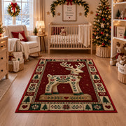 Folk Art Reindeer Christmas area rug in a nursery with a crib