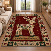 Folk Art Reindeer Christmas area rug in a living room beside a sofa