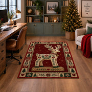 Folk Art Reindeer Christmas area rug in a home office with a Christmas tree