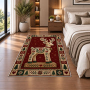 Folk Art Reindeer Christmas area rug in a bedroom beside the bed