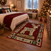 Folk Art Reindeer Christmas area rug in a bedroom with festive decor