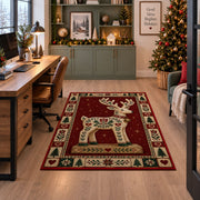 Folk Art Reindeer Christmas area rug in a home office beside a desk