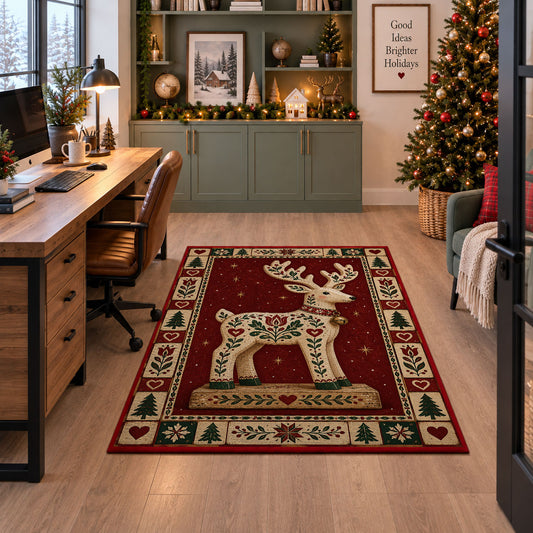 Folk Art Reindeer Christmas area rug in a home office beside a desk