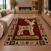 Folk Art Reindeer Christmas area rug in a living room with a fireplace