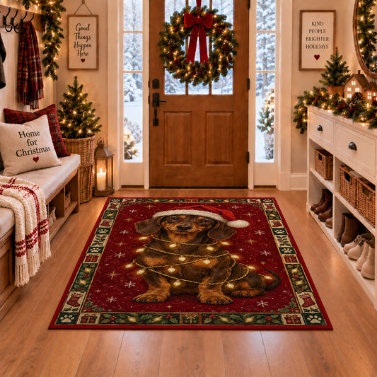 Dachshund in Santa Hat and Lights Christmas area rug in a Christmas-decorated entryway