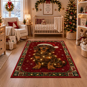 Dachshund in Santa Hat and Lights Christmas area rug in a nursery with a crib