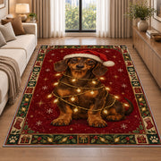 Dachshund in Santa Hat and Lights Christmas area rug in a living room beside a sofa