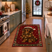 Dachshund in Santa Hat and Lights Christmas area rug in a holiday kitchen