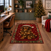 Dachshund in Santa Hat and Lights Christmas area rug in a home office with a Christmas tree