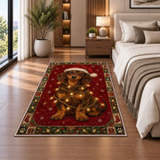Dachshund in Santa Hat and Lights Christmas area rug in a bedroom beside the bed