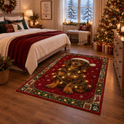Dachshund in Santa Hat and Lights Christmas area rug in a bedroom with festive decor