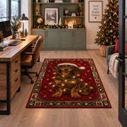 Dachshund in Santa Hat and Lights Christmas area rug in a home office beside a desk
