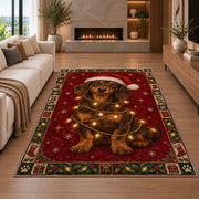 Dachshund in Santa Hat and Lights Christmas area rug in a living room with a fireplace