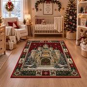 Snowy Fairytale Castle Christmas area rug in a nursery with a crib