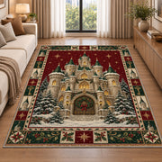 Snowy Fairytale Castle Christmas area rug in a living room beside a sofa