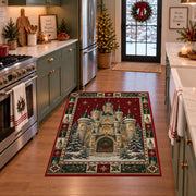 Snowy Fairytale Castle Christmas area rug in a holiday kitchen