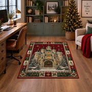 Snowy Fairytale Castle Christmas area rug in a home office with a Christmas tree