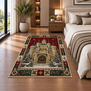 Snowy Fairytale Castle Christmas area rug in a bedroom beside the bed