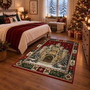 Snowy Fairytale Castle Christmas area rug in a bedroom with festive decor