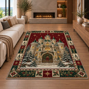 Snowy Fairytale Castle Christmas area rug in a living room with a fireplace