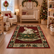 Bunny in Holly Teacup Christmas area rug in a nursery with a crib