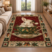 Bunny in Holly Teacup Christmas area rug in a living room beside a sofa