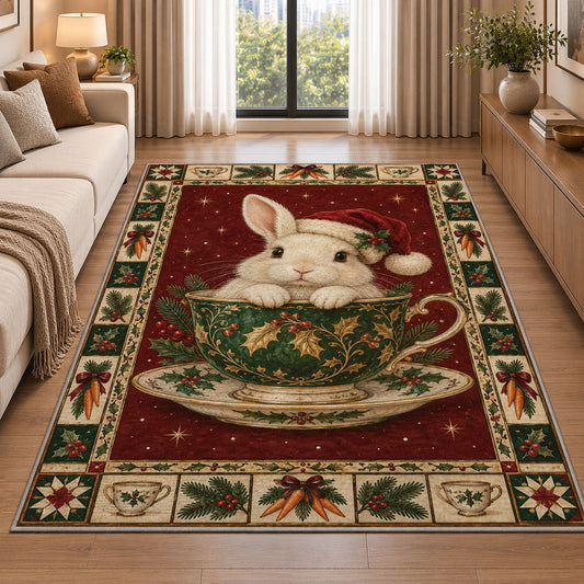 Bunny in Holly Teacup Christmas area rug in a living room beside a sofa