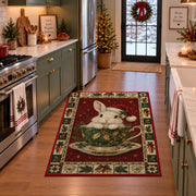 Bunny in Holly Teacup Christmas area rug in a holiday kitchen